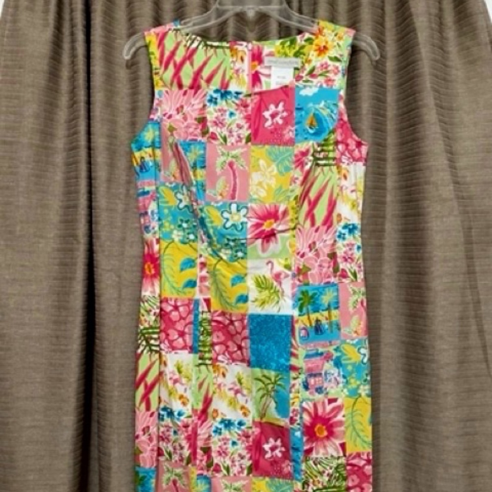 Size 6 Sleeveless Sheath Dress in Pink, Turquoise, Yellow, Green and White